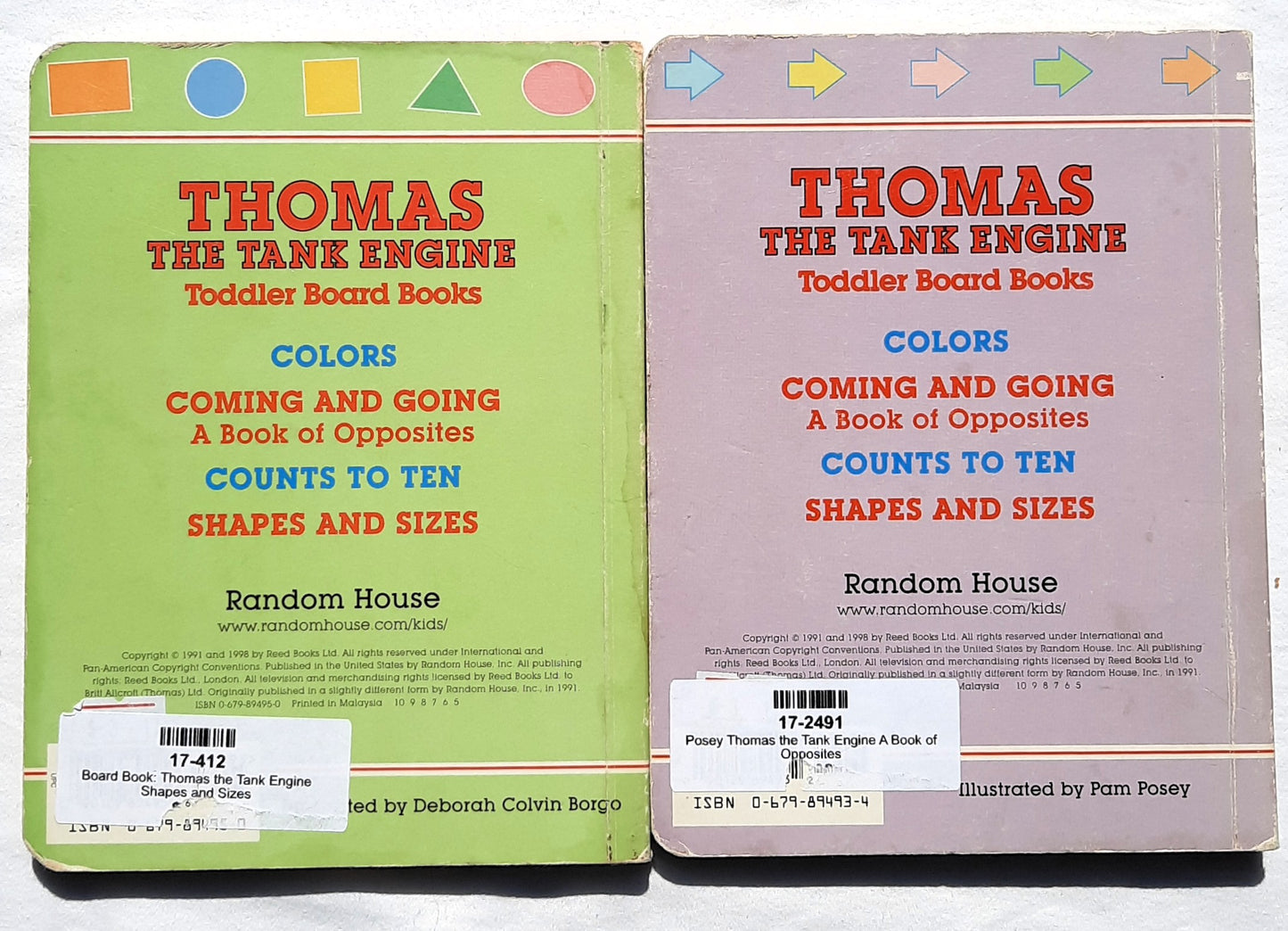 Thomas the Tank Engine Coming and Going by Pam Posey & Shapes and Sizes by Deborah Borgo (Good, 1998, Board Book, Random House)