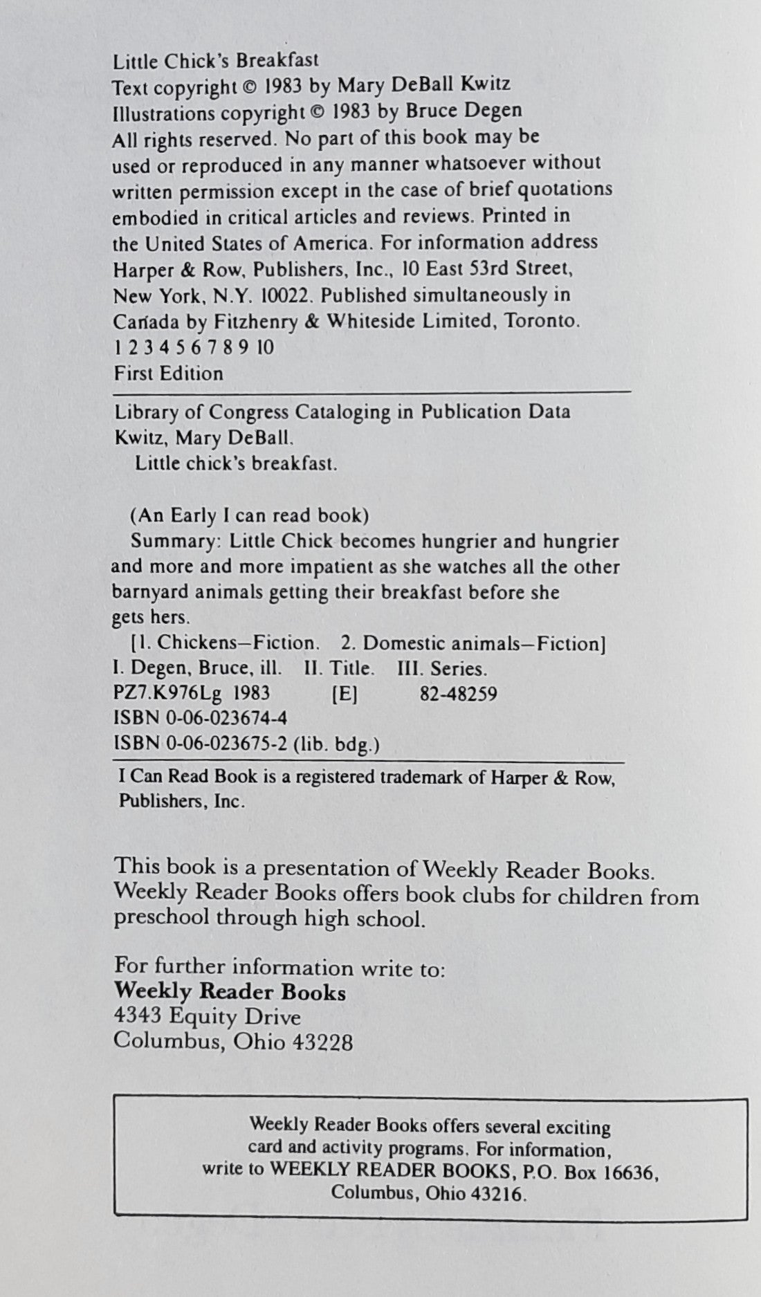 Little Chick's Breakfast by Mary DeBall Kwitz (An Early I Can Read Book, Good, 1983, HC, 32 pages, Harper & Row)