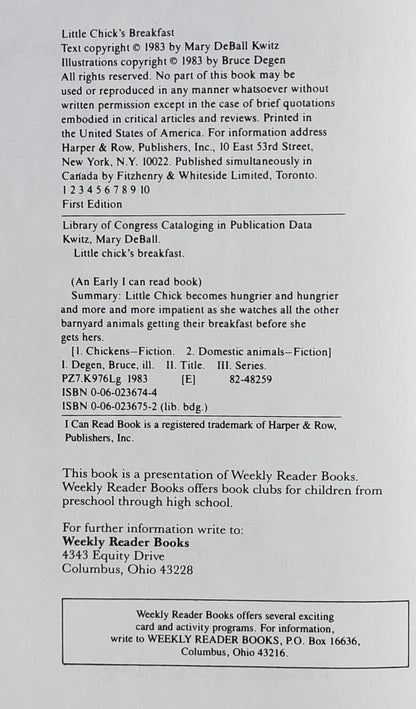 Little Chick's Breakfast by Mary DeBall Kwitz (An Early I Can Read Book, Good, 1983, HC, 32 pages, Harper & Row)