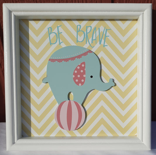 Be Brave, Elephant with Ball White Framed Art 9.5" Square (New, 2018, Christian Art Gifts)