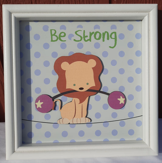 Be Strong, Lion with Weights White Framed Art 9.5" Square (New, 2018, Christian Art Gifts)