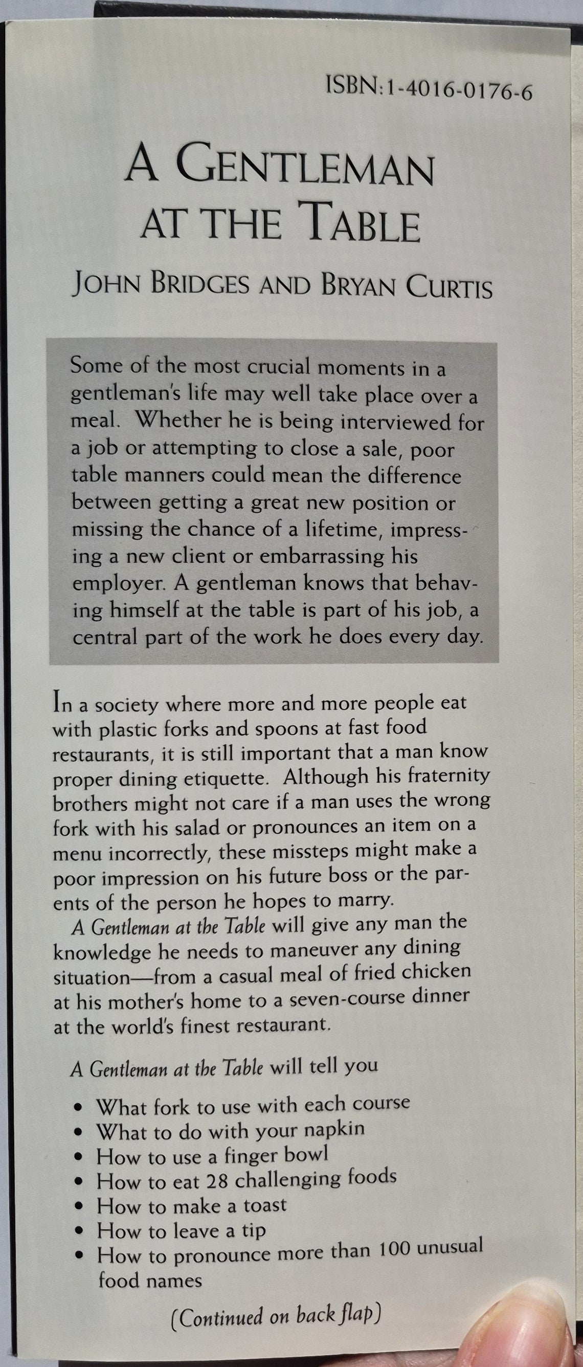 A Gentleman at the Table: A Concise, Contemporary Guide to Table Manners by John Bridges; Bryan Curtis (Very good, 2004, HC, 200 pages, Rutledge Hill Press)
