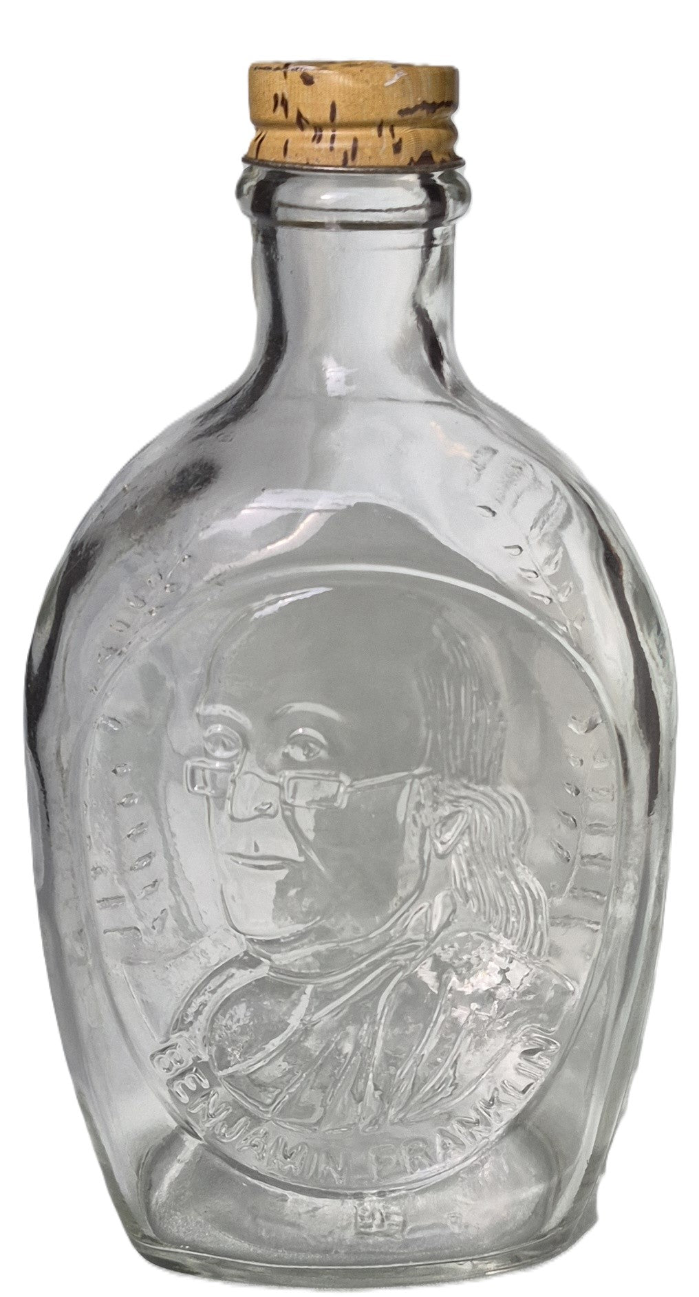 Vintage 1970er Jahre Log Cabin Sirup Benjamin Franklin geprägte Klarglasflasche (Sammlerstück, sehr guter Zustand)