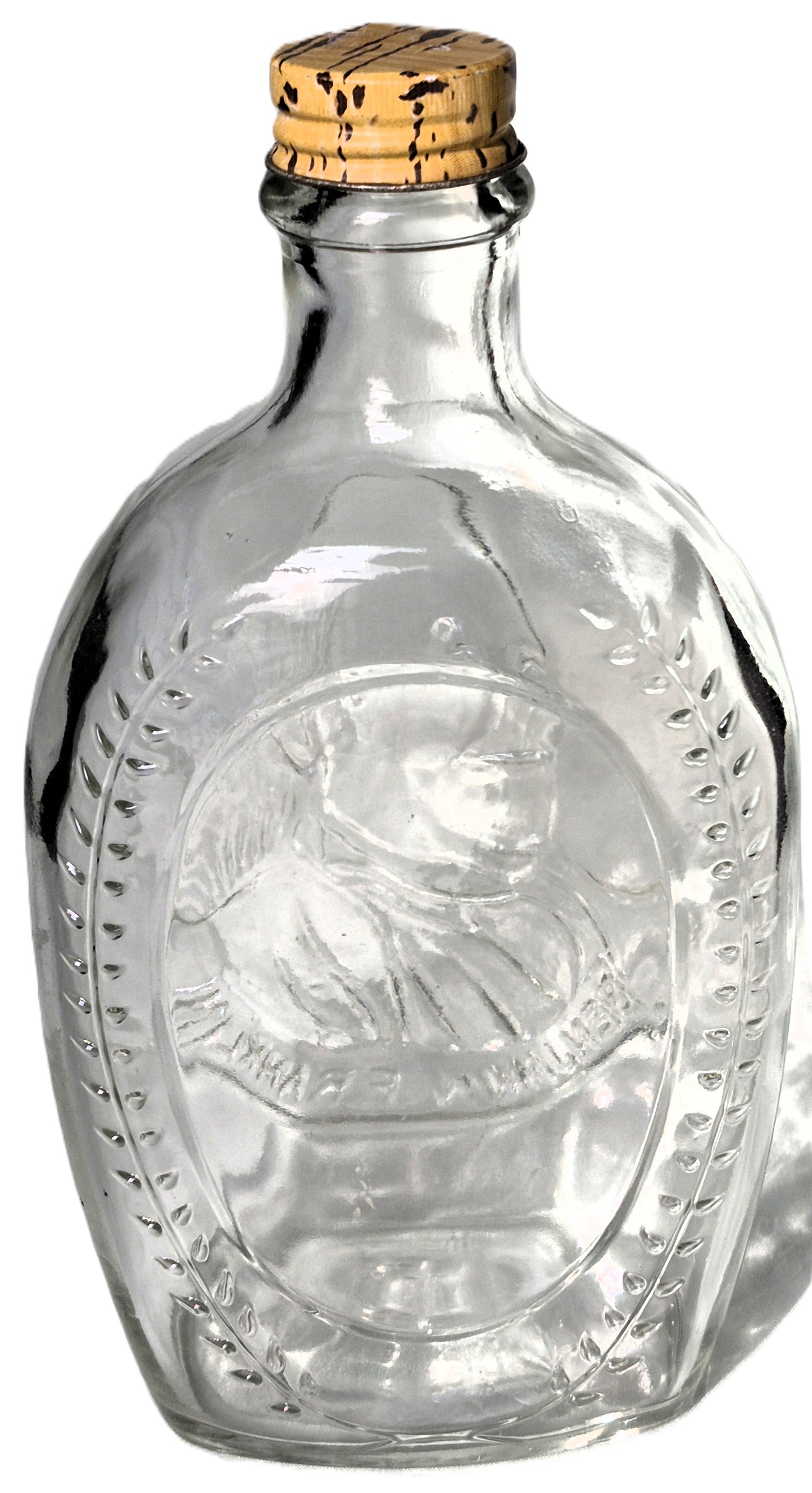 Vintage 1970er Jahre Log Cabin Sirup Benjamin Franklin geprägte Klarglasflasche (Sammlerstück, sehr guter Zustand)