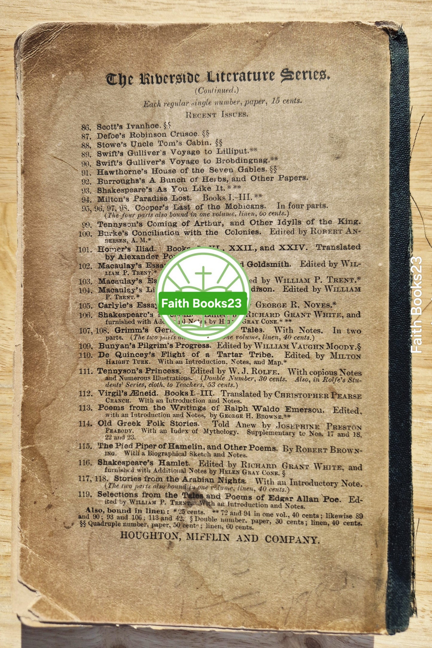 Riverside Literature Series: Das Haus der sieben Giebel von Nathaniel Hawthorne (Akzeptabel, 1896, Taschenbuch, 378 Seiten, Houghton Mifflin) SELTEN