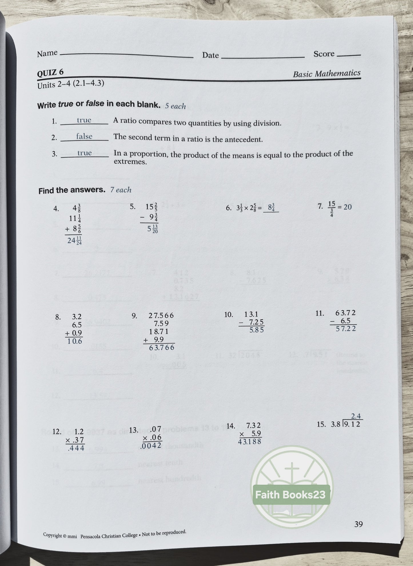 Abeka Basic Mathematics Grade 7 Quiz/Test Key 4th edition (NEW 2019, Pbk, 142 pages)