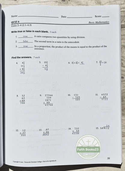 Abeka Basic Mathematics Grade 7 Quiz/Test Key 4th edition (NEW 2019, Pbk, 142 pages)
