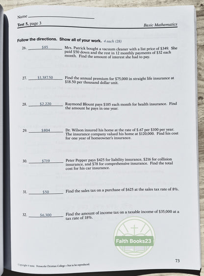Abeka Basic Mathematics Grade 7 Quiz/Test Key 4th edition (NEW 2019, Pbk, 142 pages)
