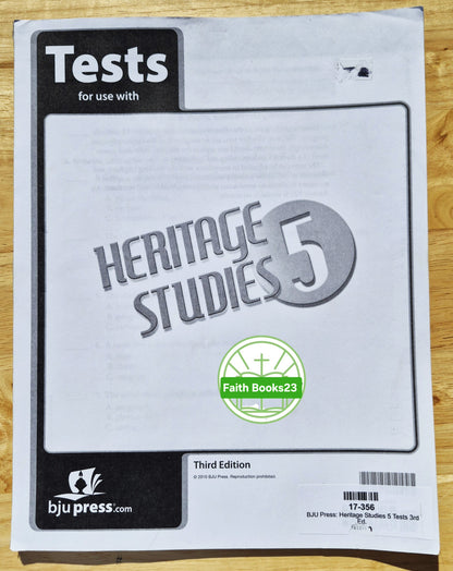 Heritage Studies 5 Student Tests Third Edition by BJU Press (Like New, 2010, Pbk, Tests 1-12)