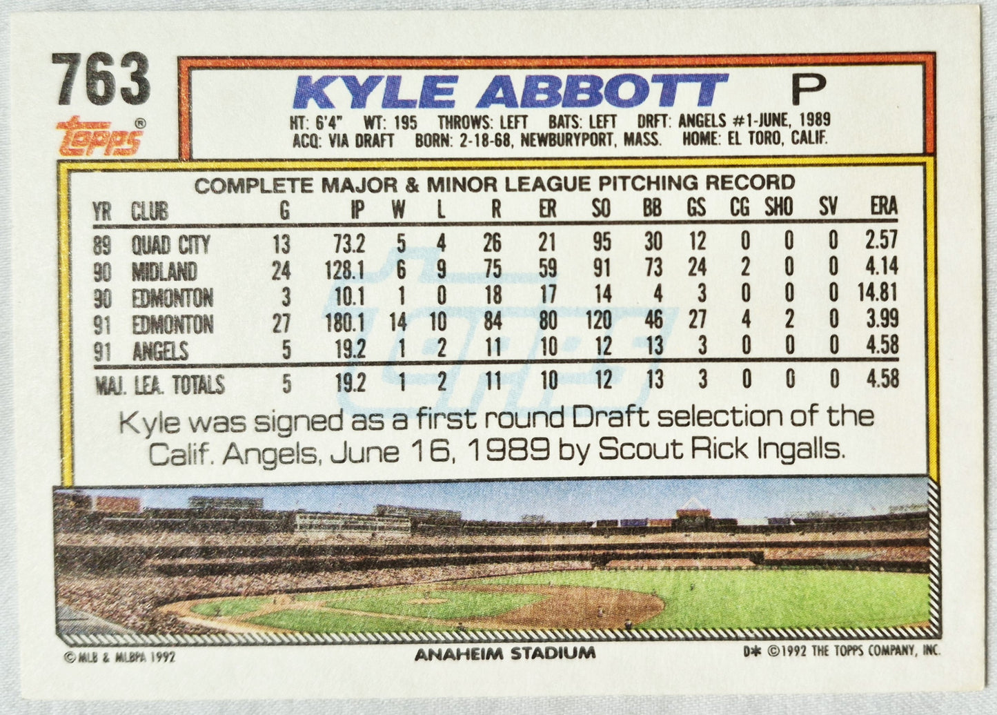 Abbott Kyle California Angels Pitcher 1992 Topps #763 Baseballkarte (Exzellent)