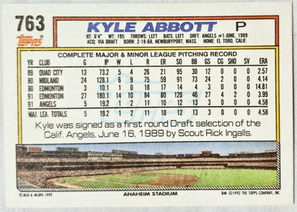 Abbott Kyle California Angels Pitcher 1992 Topps #763 Baseballkarte (Exzellent)