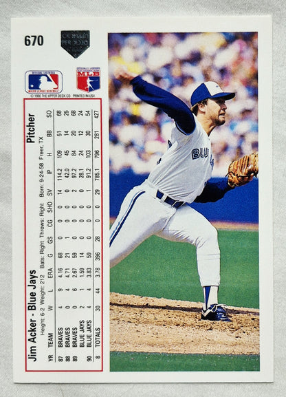 1991 Upper Deck #670 Jim Acker Toronto Blue Jays Baseballkarte (Sehr gut)