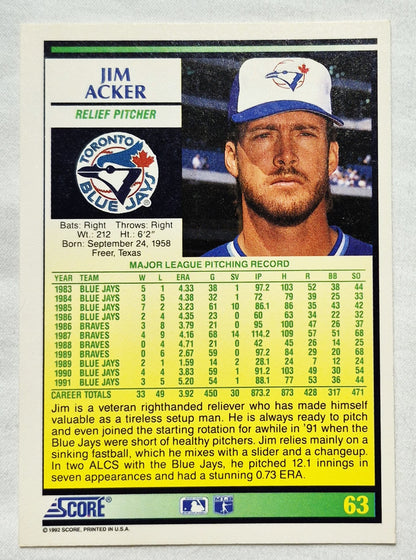 1992 Score #63 Jim Acker Toronto Blue Jays Baseballkarte (Sehr gut)