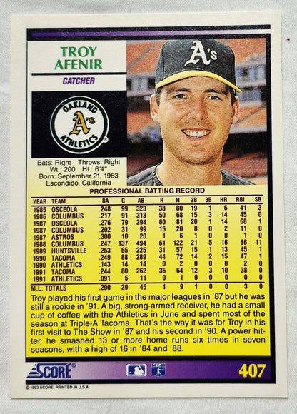 1992 Score #407 Troy Afenir Oakland Athletics Rookie Prospect Baseball Card (Very good)