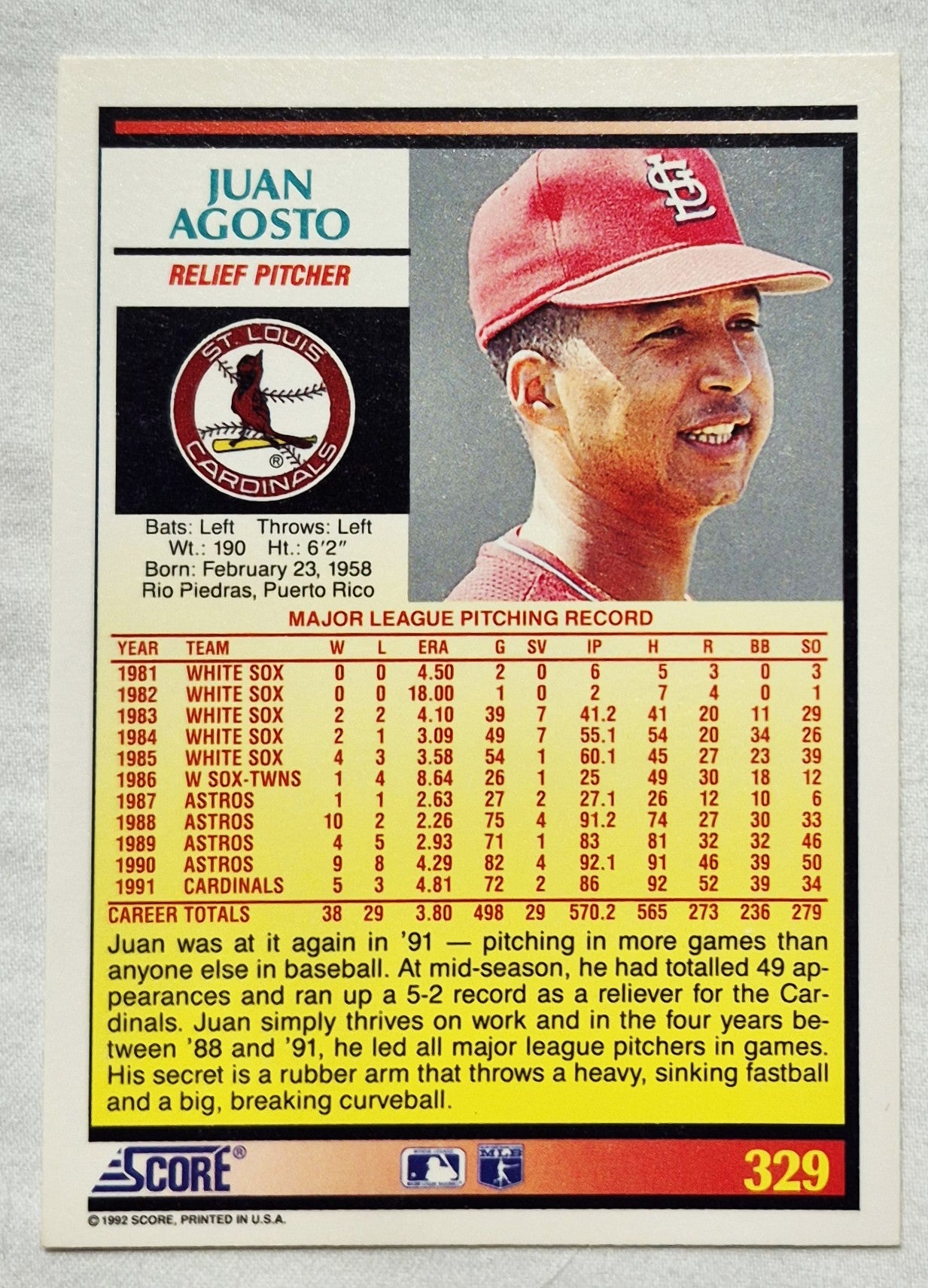 1992 Score #329 Juan Agosto St. Louis Cardinals Relief Pitcher Baseballkarte (Sehr gut)