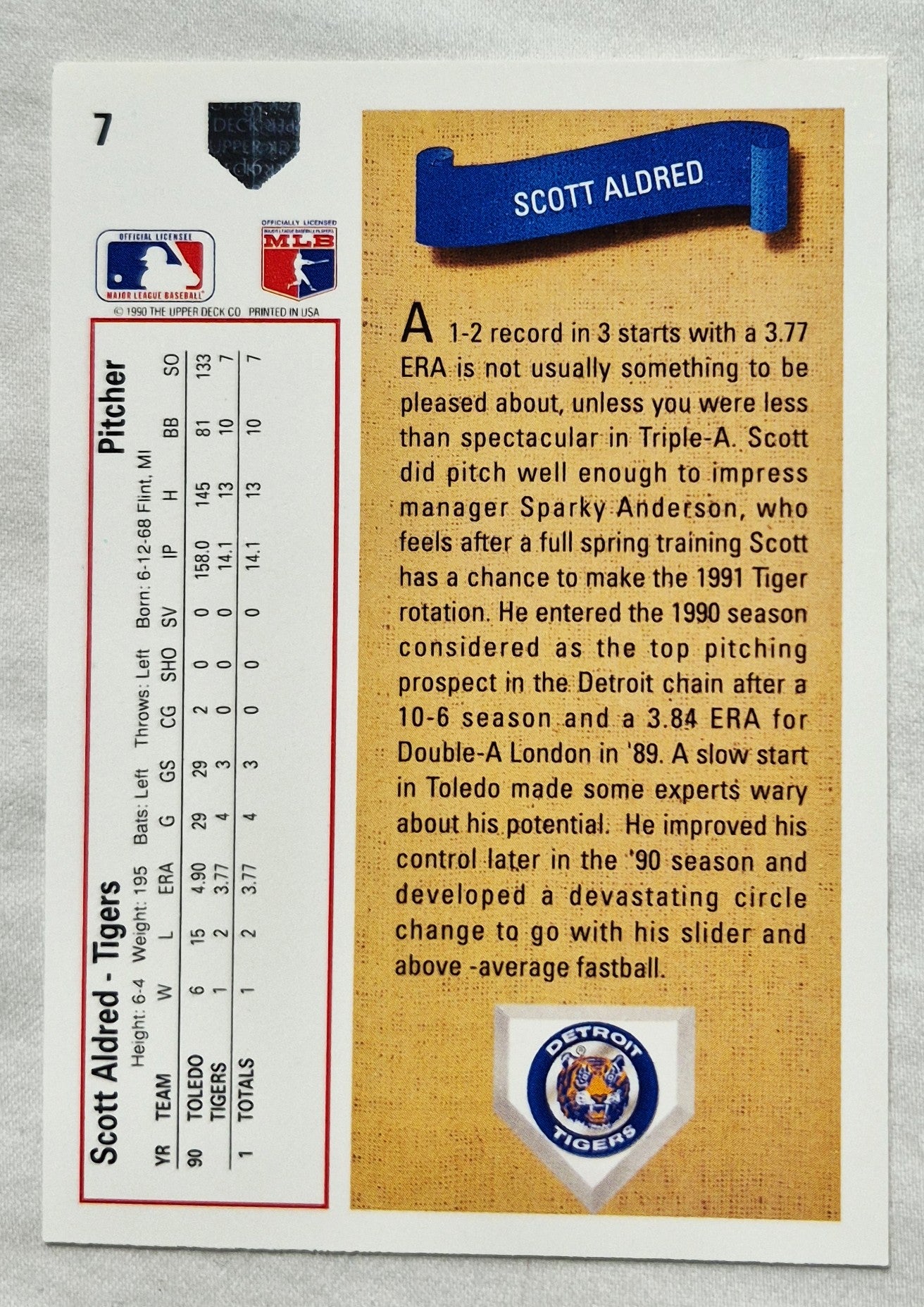 1991 Upper Deck Scott Aldred Detroit Tigers Pitcher #7 Baseballkarte (Sehr gut)