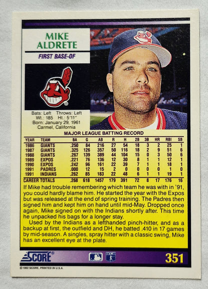 1992 Score Mike Aldrete Cleveland Indians First Base #351 Baseballkarte (Sehr gut)
