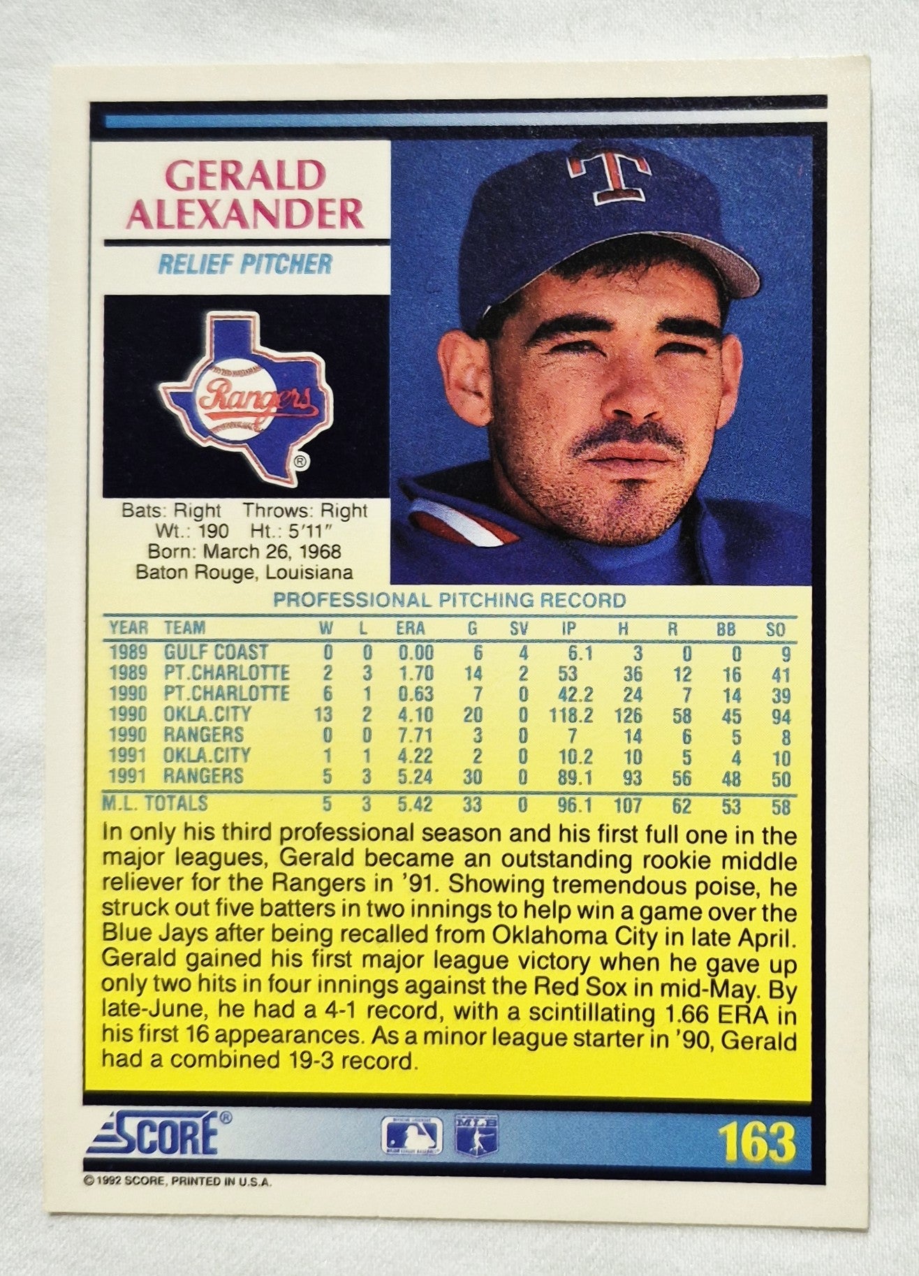 1992 Score Gerald Alexander Texas Rangers Relief Pitcher #163 Baseballkarte (Sehr gut)