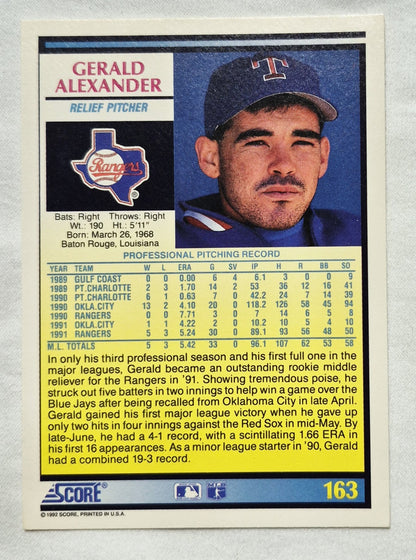1992 Score Gerald Alexander Texas Rangers Relief Pitcher #163 Baseballkarte (Sehr gut)