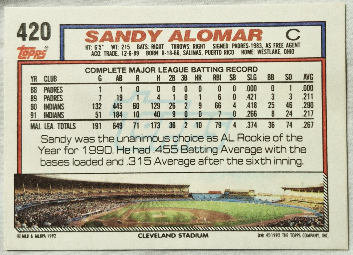 Alomar Sandy Cleveland Indians 1992 Topps #420 (Ausgezeichnet)