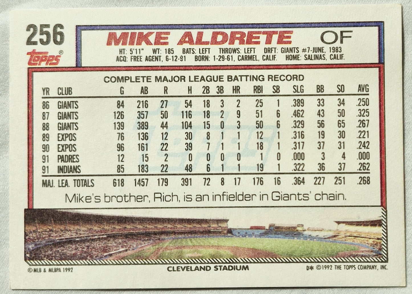 Aldrete Mike Cleveland Indians 1992 Topps #256 (Exzellent)