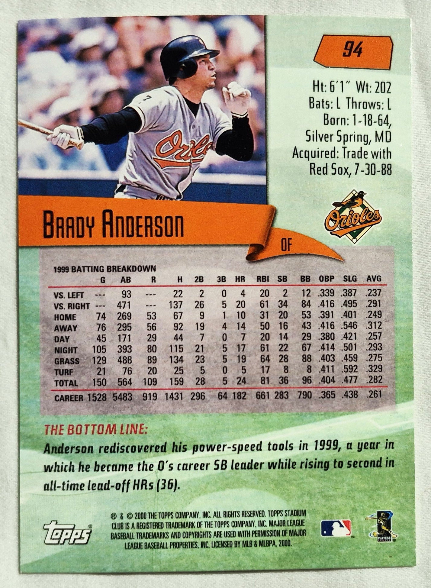 2000 Stadium Club Brady Anderson Baltimore Orioles #94 Baseball Card TOPPS