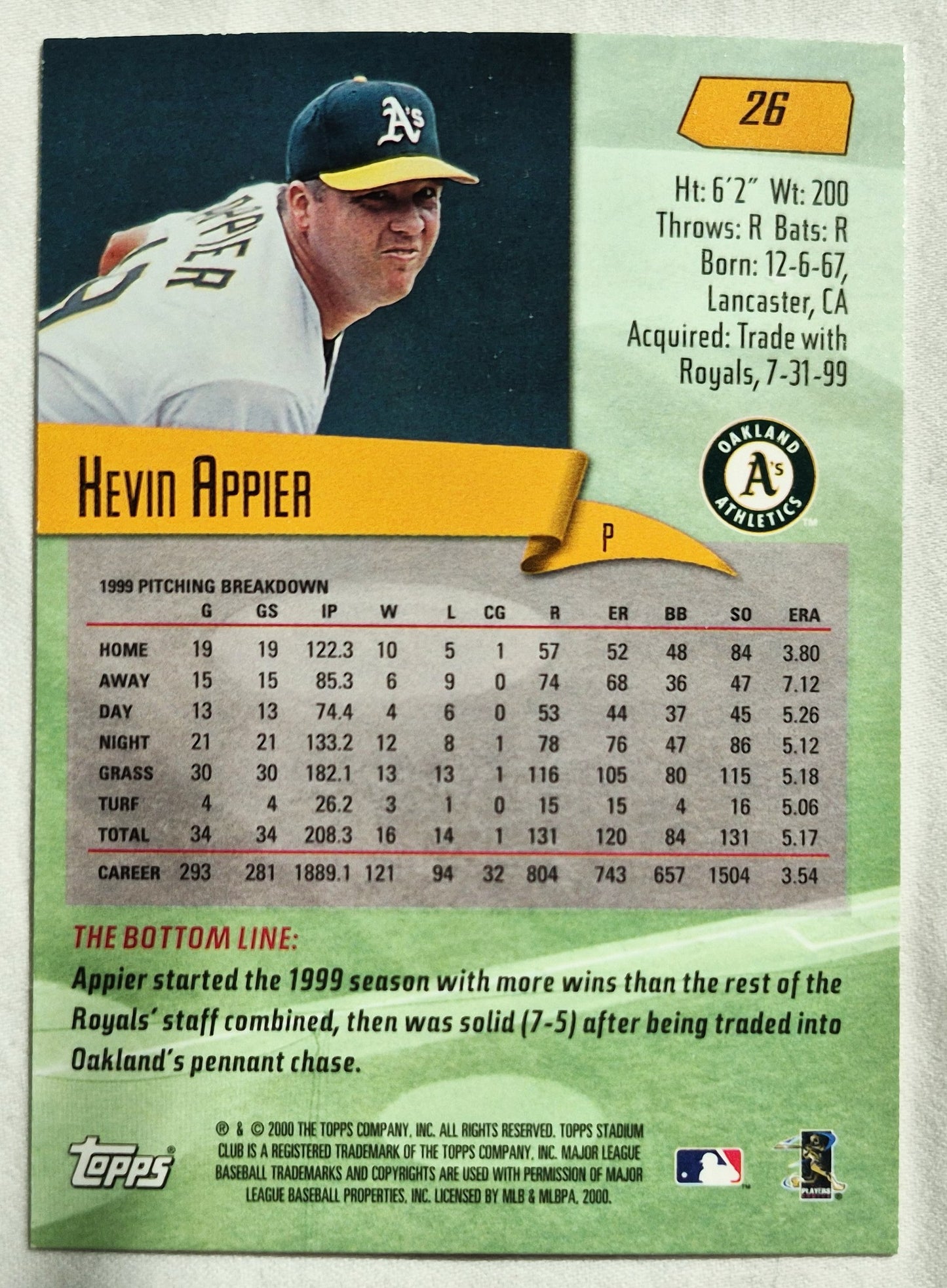 2000 Stadium Club Kevin Appier #26 Oakland Athletics Baseballkarte TOPPS
