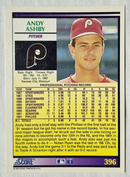Andy Ashby Pittsburgh Pirates Pitcher 1992 Score #396 Baseballkarte (Exzellent)