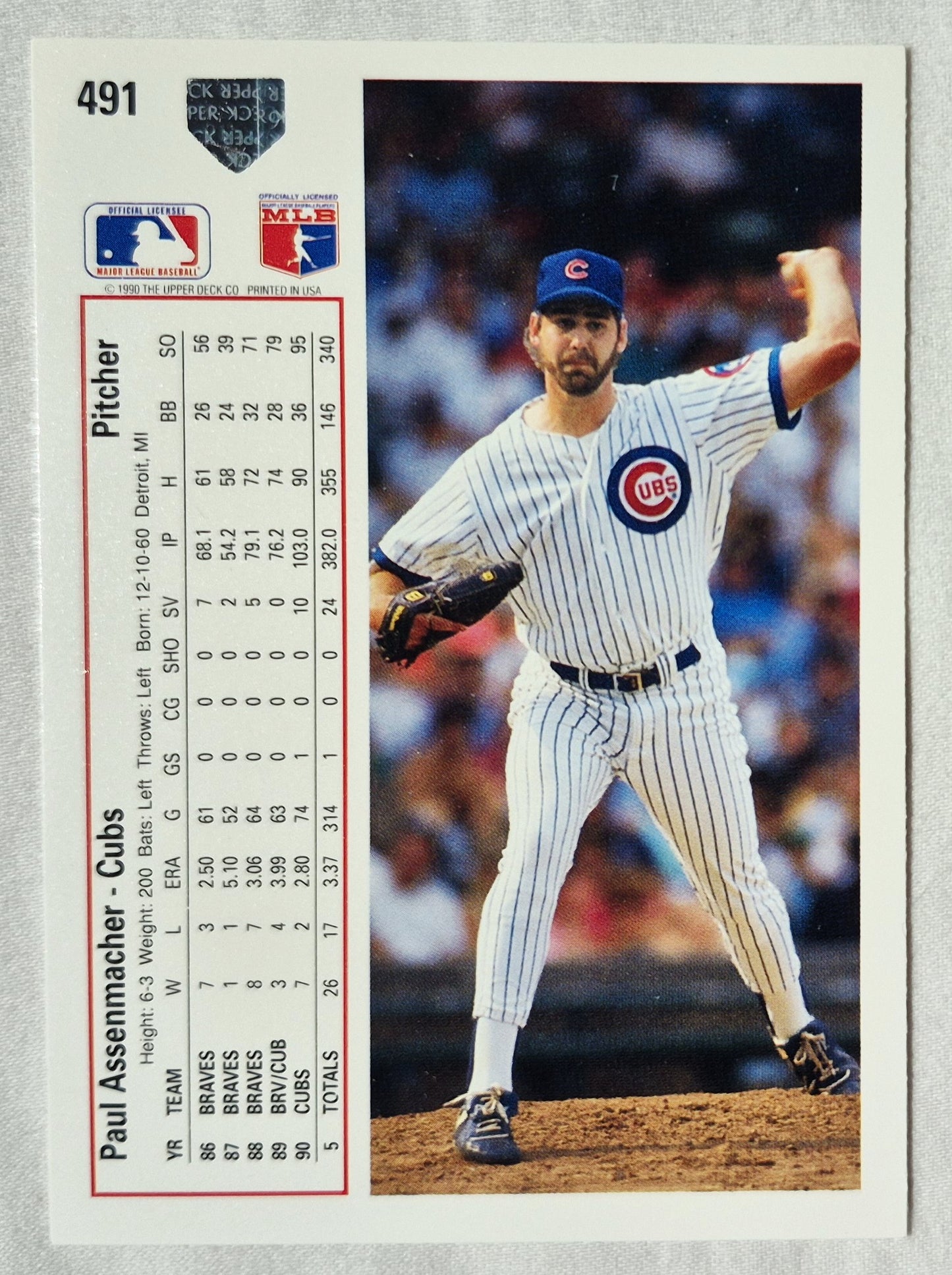 Paul Assenmacher Chicago Cubs Pitcher 1991 Upper Deck #491 Baseballkarte (Exzellent)
