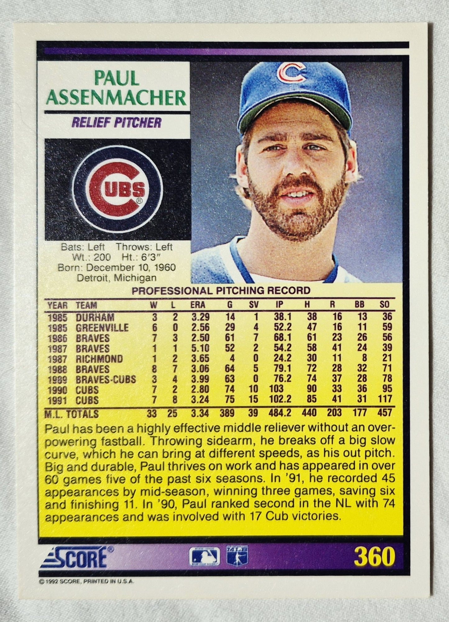 Paul Assenmacher Chicago Cubs Pitcher 1992 Score #360 Baseballkarte (Ausgezeichnet)