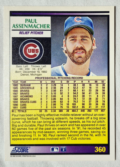 Paul Assenmacher Chicago Cubs Pitcher 1992 Score #360 Baseballkarte (Ausgezeichnet)