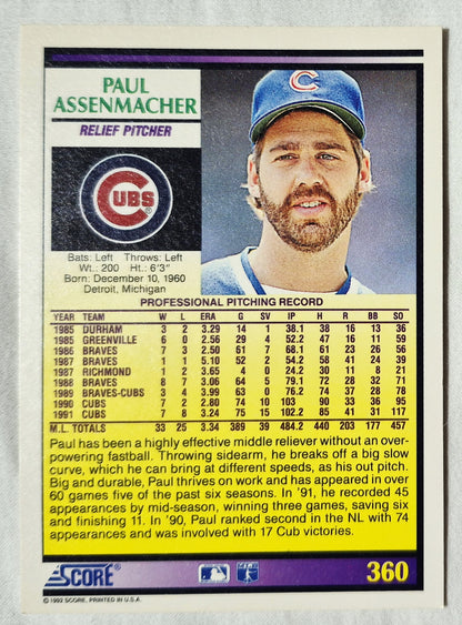 Paul Assenmacher Chicago Cubs Pitcher 1992 Score #360 Baseballkarte (Ausgezeichnet)