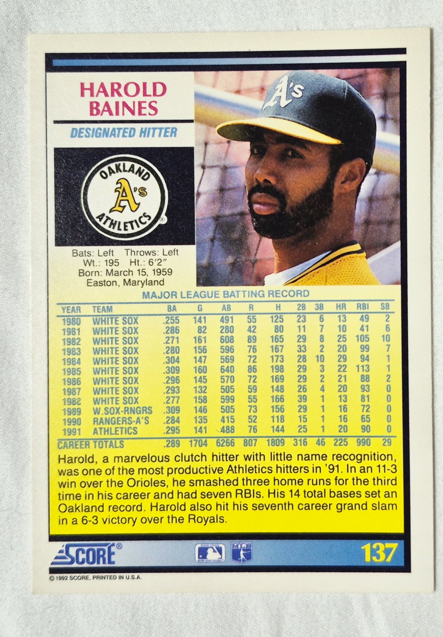 Harold Baines Oakland Athletics Designated Hitter 1992 Score #137 Baseballkarte (Exzellent)