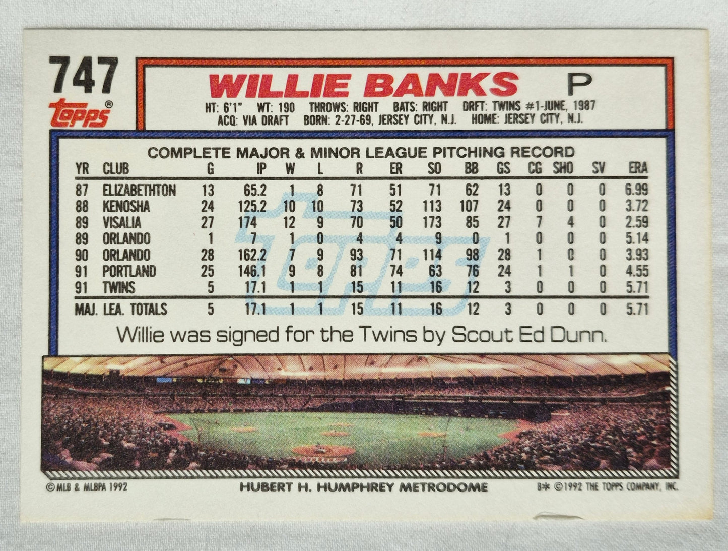 Willie Banks Minnesota Twins Pitcher 1991 Topps #747 Baseballkarte (Exzellent)