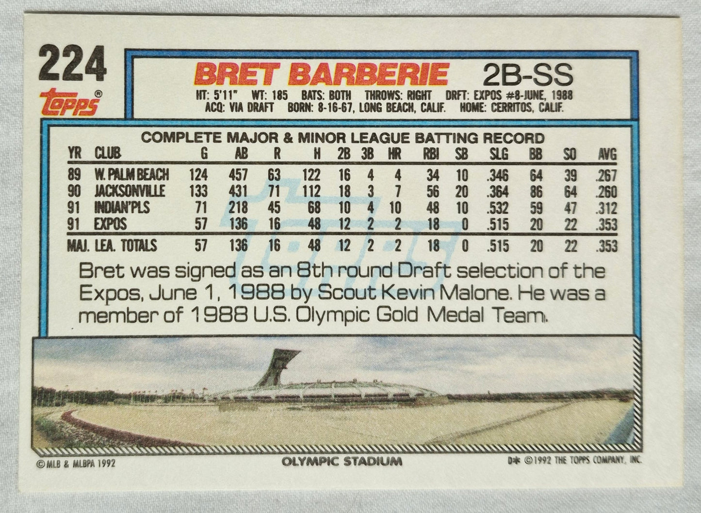 Bret Barberie Montreal Expos Second Base 1991 Topps #224 Baseballkarte (Ausgezeichnet)