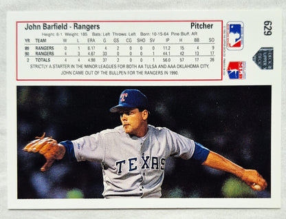 John Barfield Texas Rangers Pitcher 1991 Upper Deck #629 Baseballkarte (ausgezeichnet)