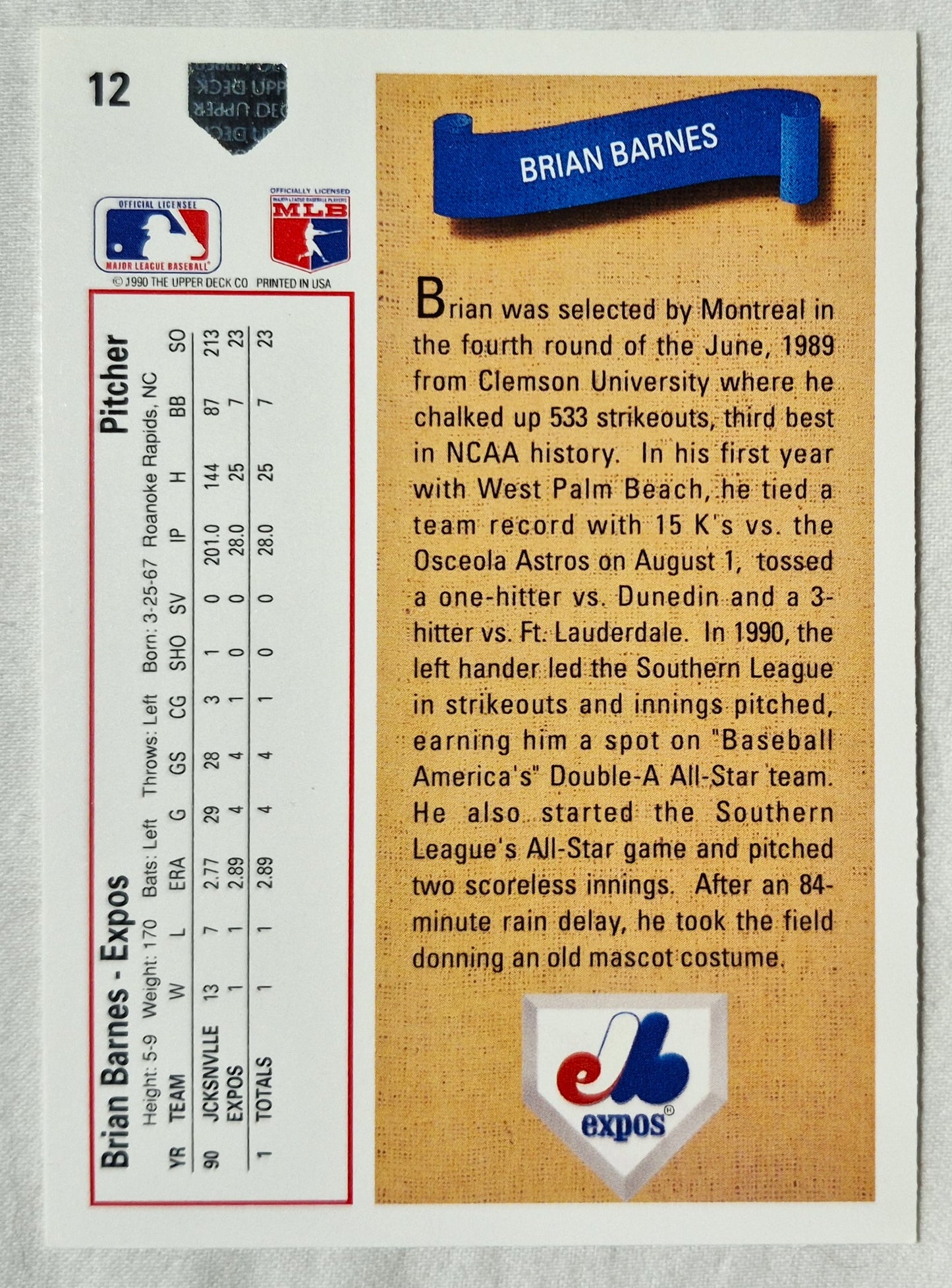 Brian Barnes Montreal Expos Pitcher 1991 Upper Deck #12 Baseballkarte (Exzellent)