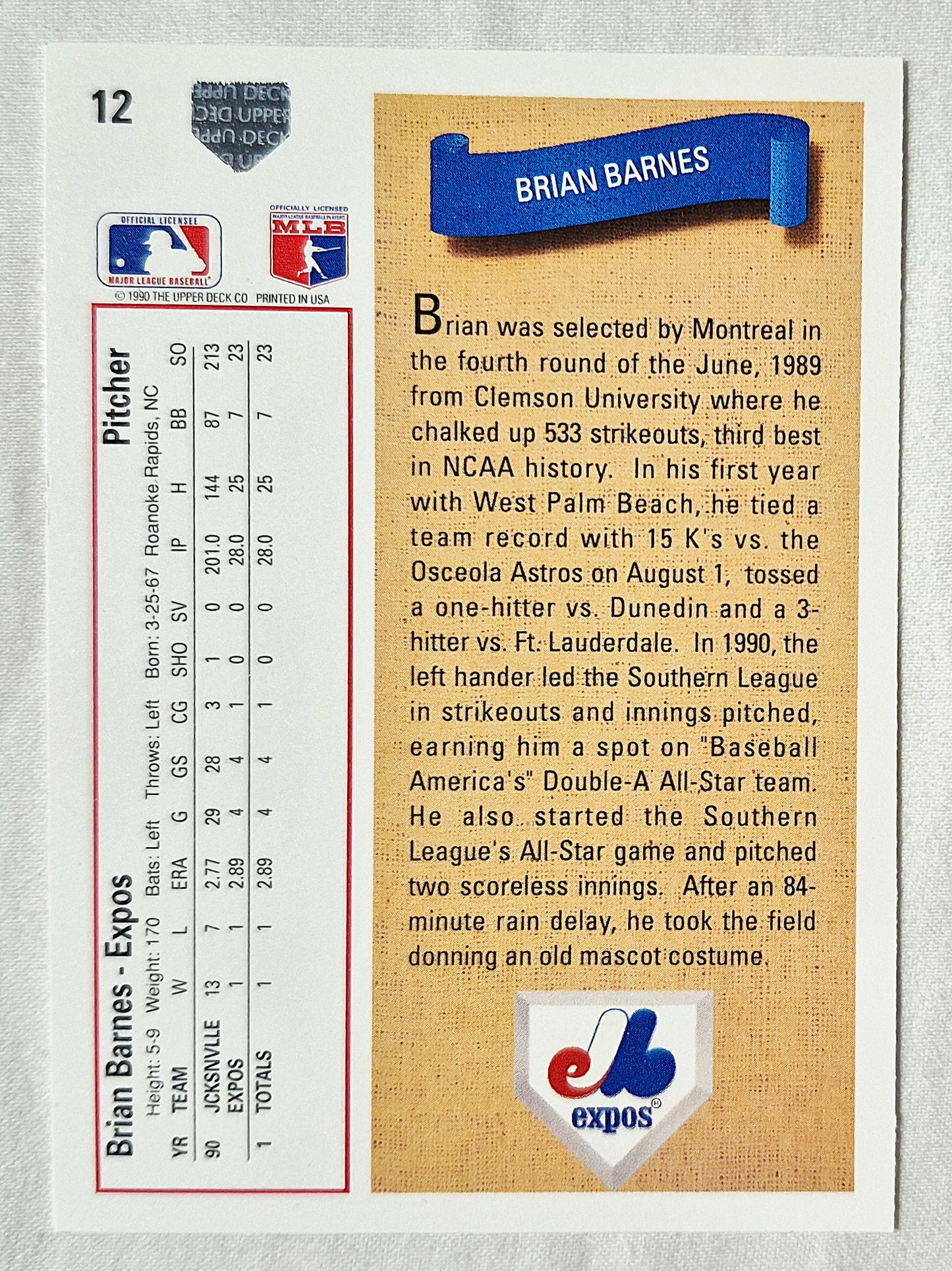 Brian Barnes Montreal Expos Pitcher 1991 Upper Deck #12 Baseballkarte (Exzellent)