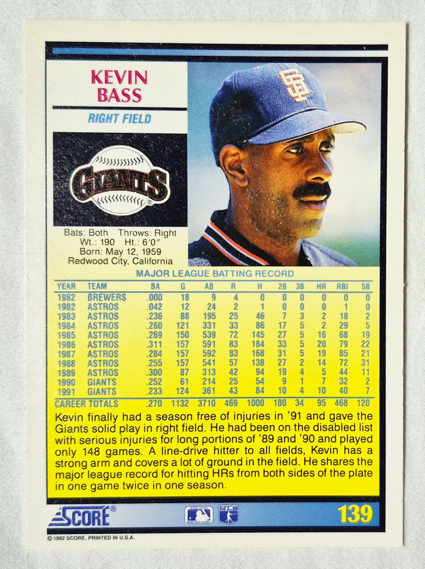 Kevin Bass San Francisco Giants Outfield 1992 Score #139 Baseballkarte (Ausgezeichnet)