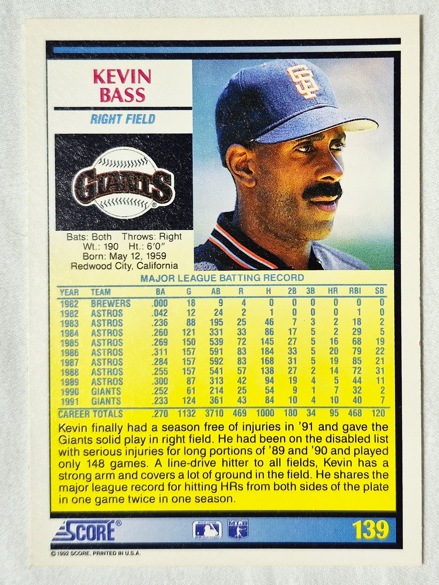 Kevin Bass San Francisco Giants Outfield 1992 Score #139 Baseballkarte (Ausgezeichnet)