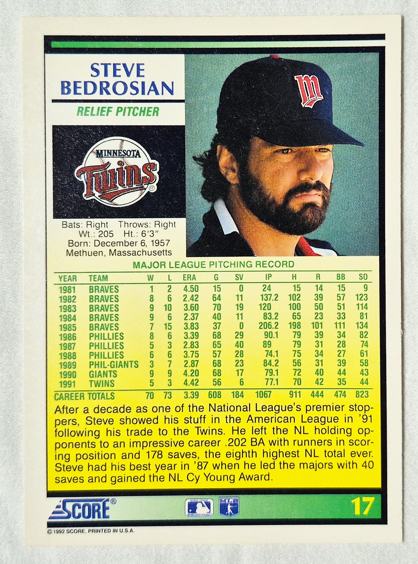 Steve Bedrosian Minnesota Twins Relief Pitcher 1992 Score #17 Baseballkarte (Exzellent)
