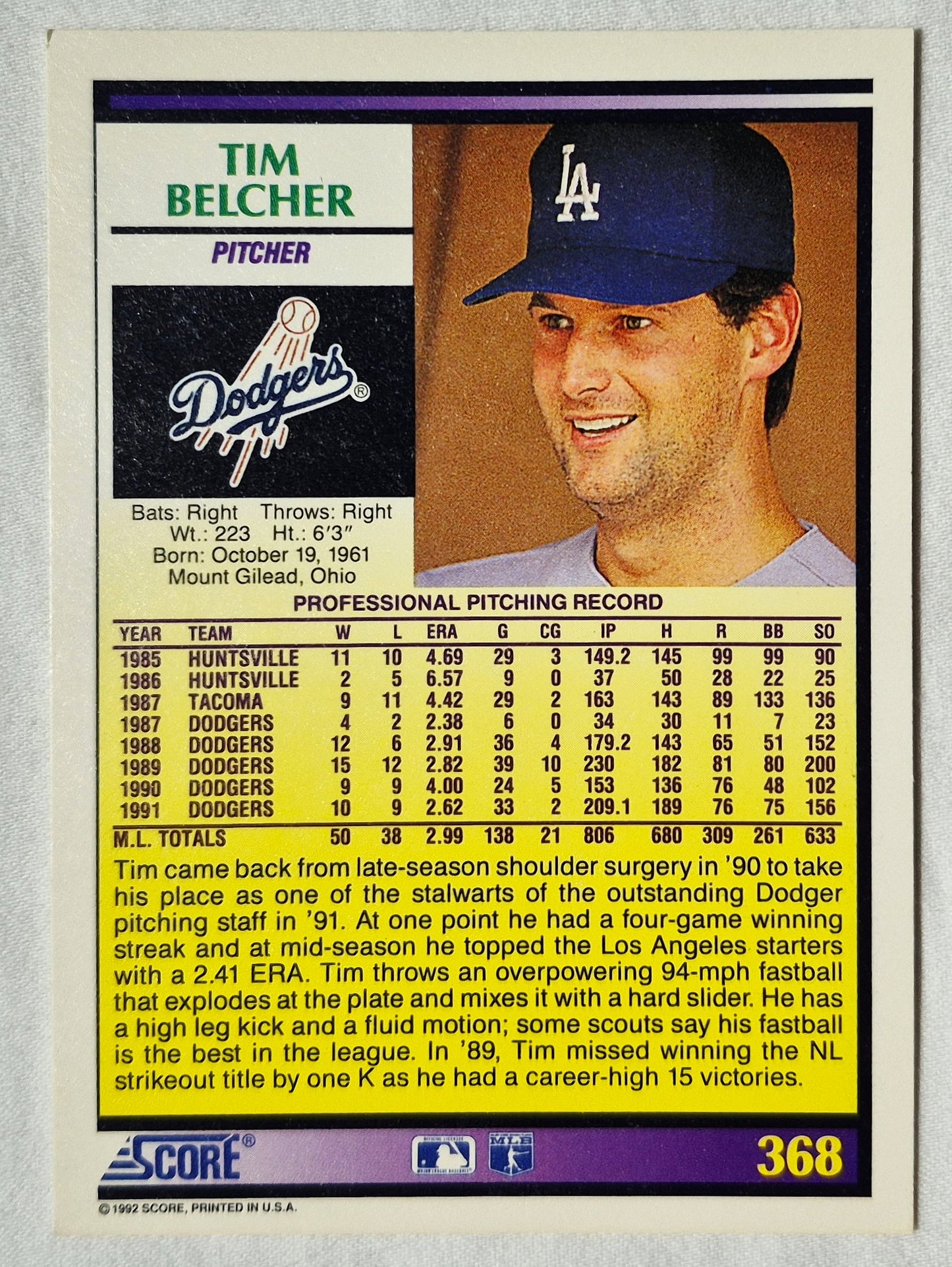 Tim Belcher Los Angeles Dodgers Pitcher 1992 Score #368 Baseballkarte (Exzellent)