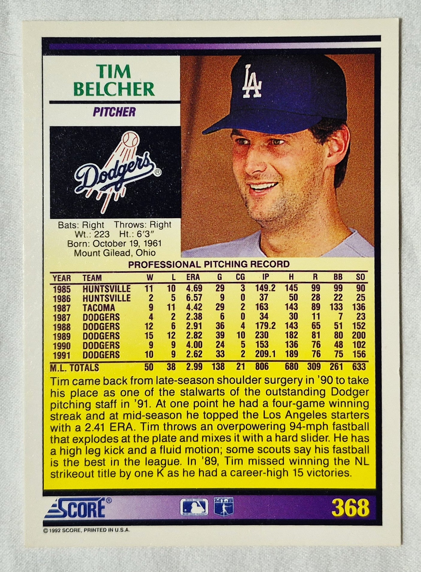 Tim Belcher Los Angeles Dodgers Pitcher 1992 Score #368 Baseballkarte (Exzellent)