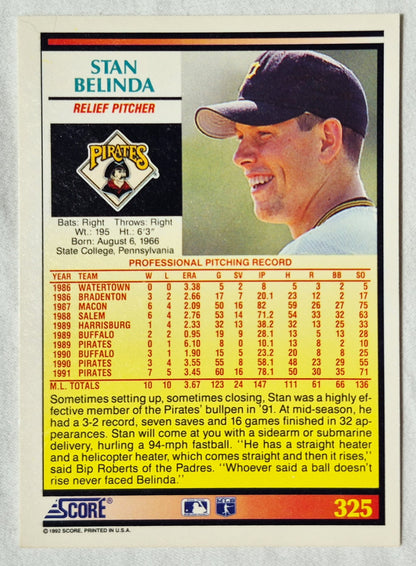 Stan Belinda Pittsburgh Pirates Pitcher 1992 Score #325 Baseballkarte (Exzellent)