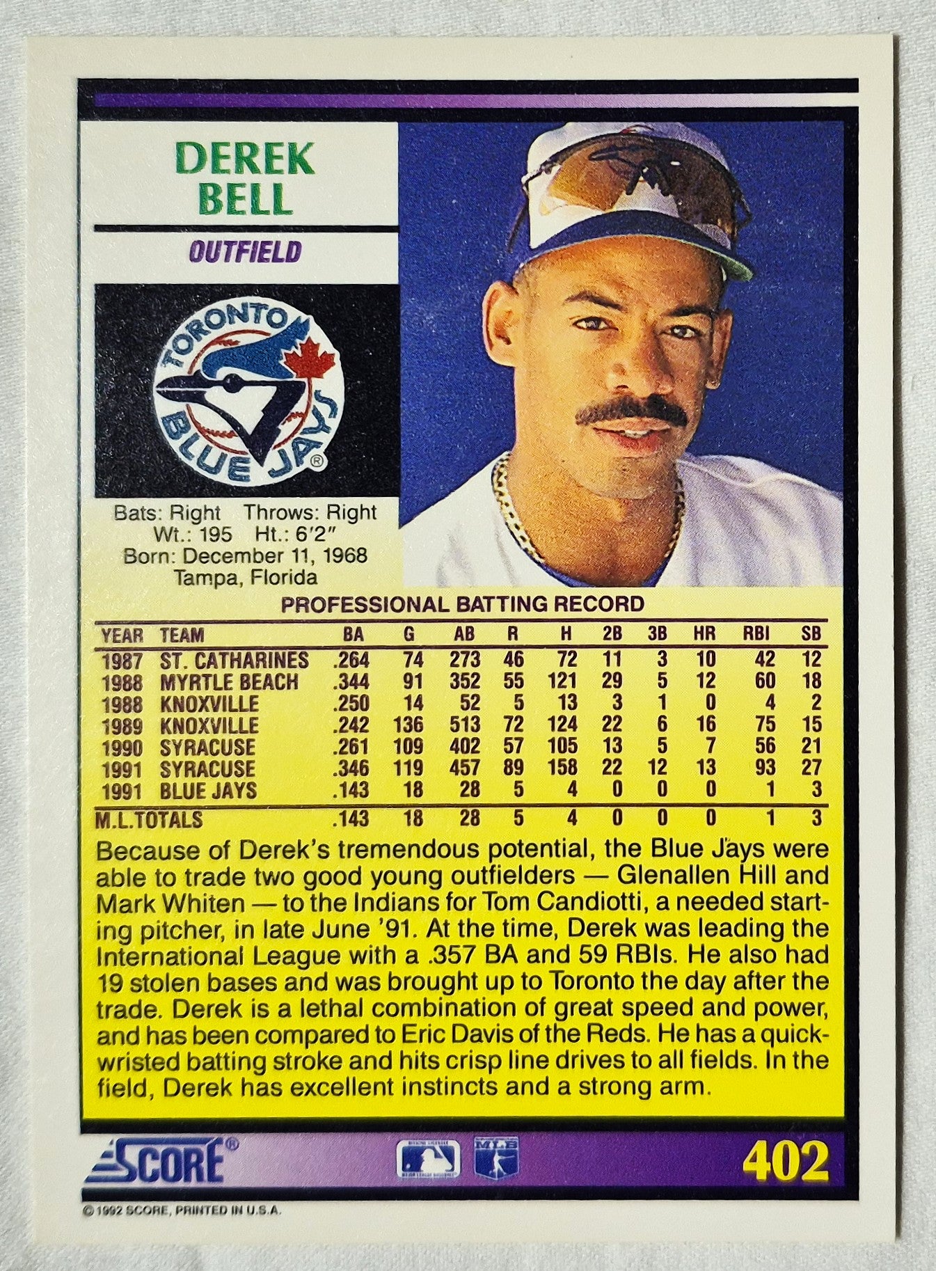 Derek Bell Toronto Blue Jays Outfield 1992 Score #402 Baseballkarte (Exzellent)