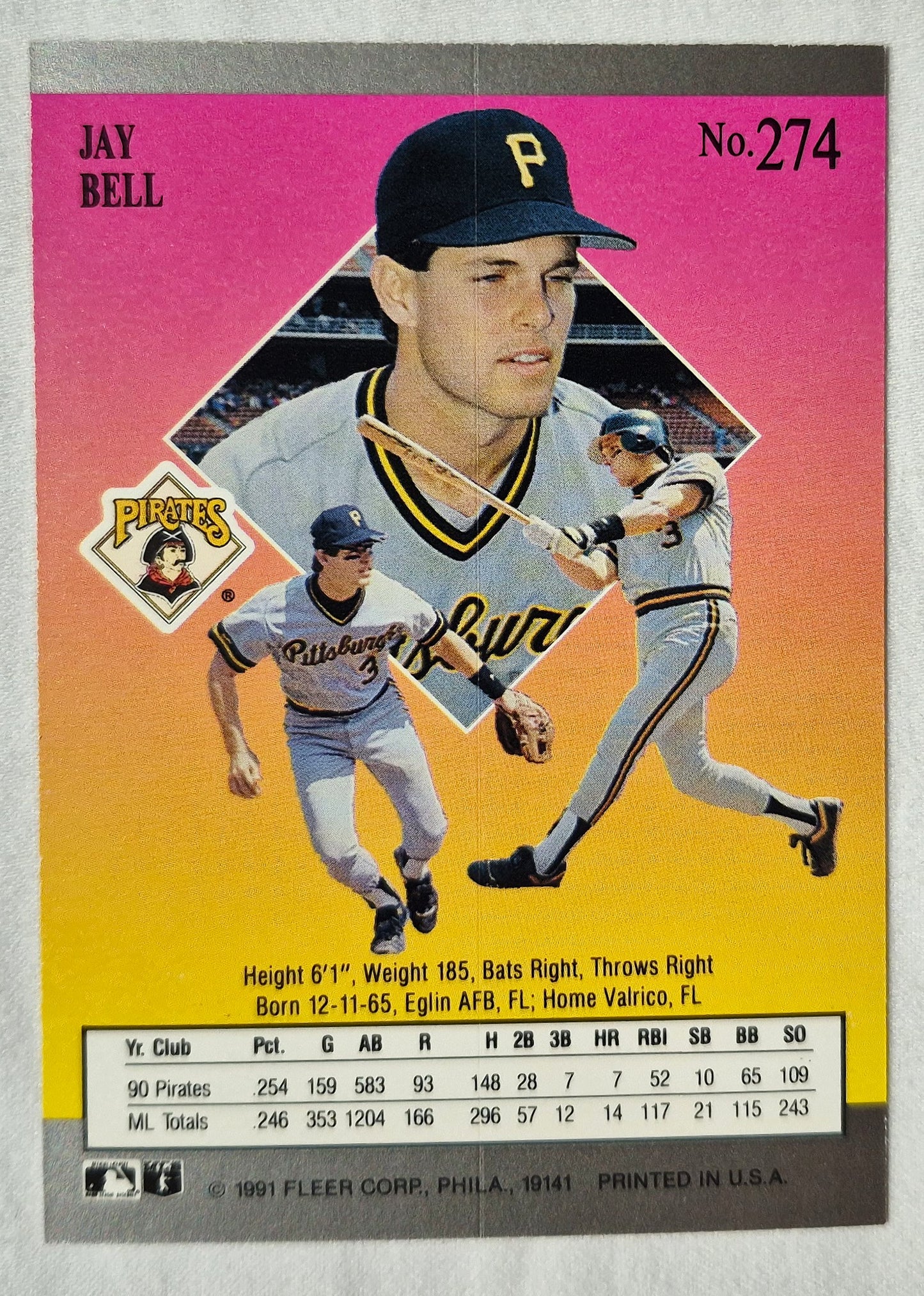 Jay Bell Pittsburgh Pirates Shortstop 1991 Fleer Ultra #274 Baseballkarte (Exzellent)
