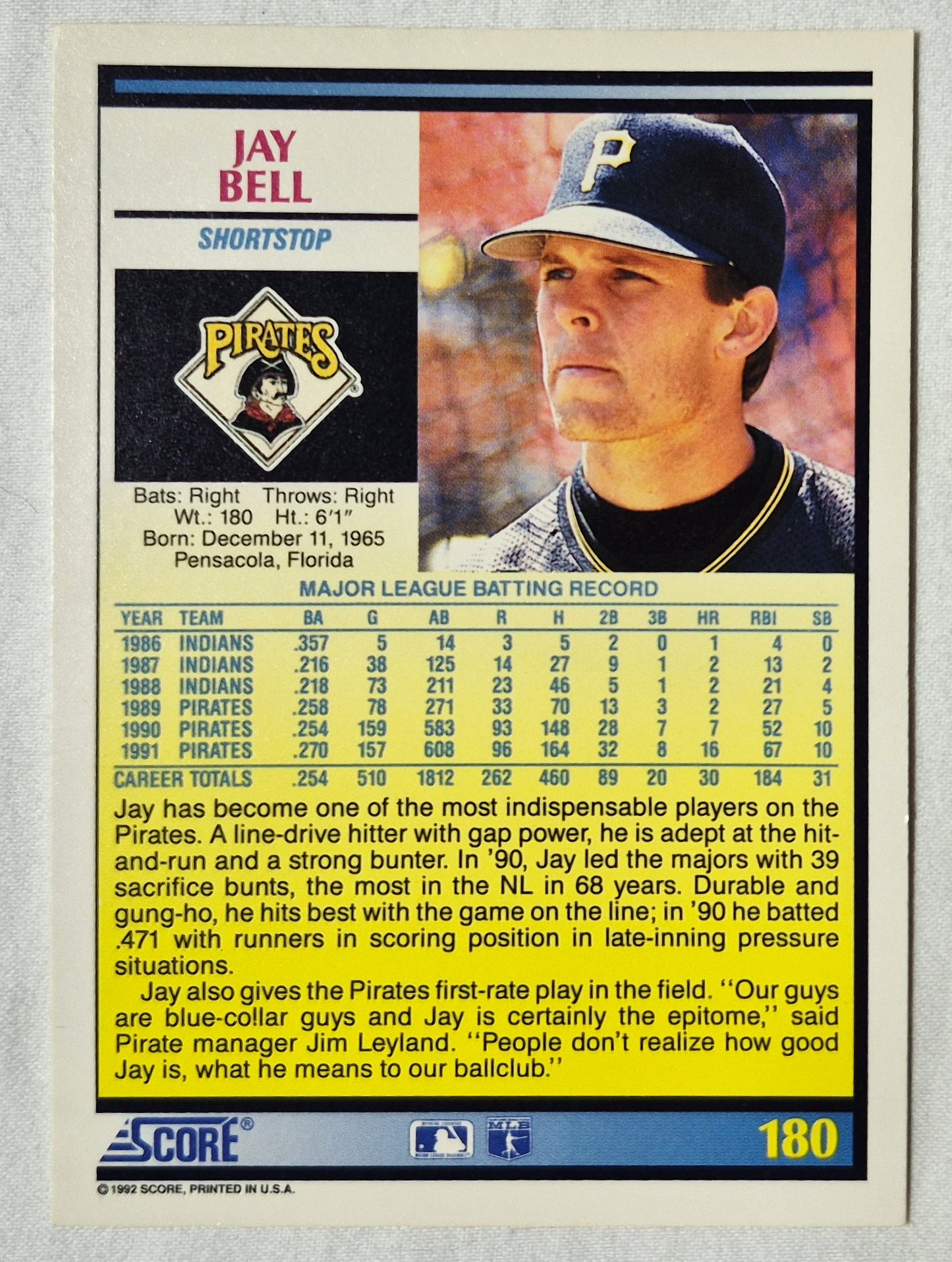 Jay Bell Pittsburgh Pirates Shortstop 1992 Score #180 Baseballkarte (Ausgezeichnet)