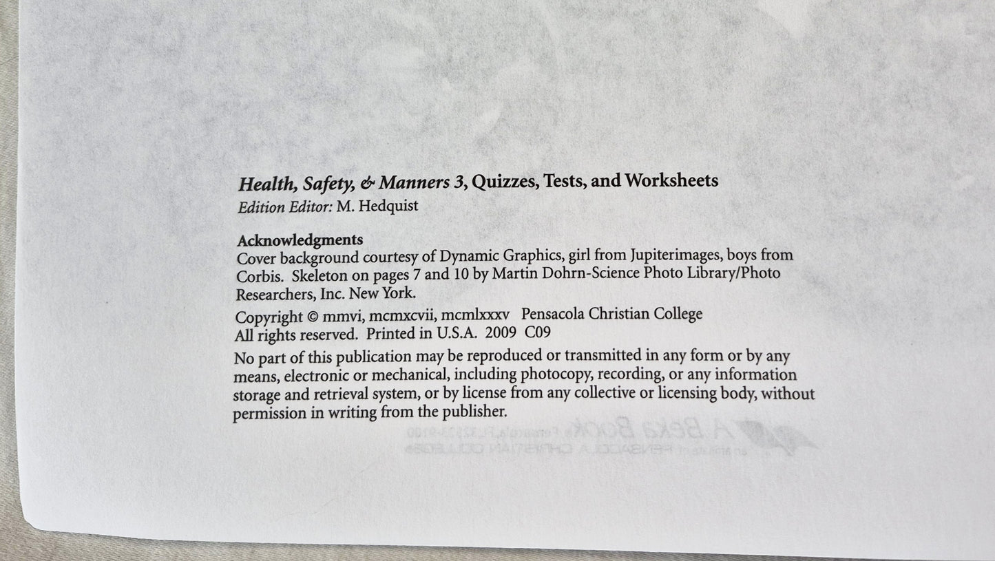 Abeka Health Safety & Manners 3rd Edition Grade 3 Tests, Quizzes, and Worksheets (Wie neu, 2006, Taschenbuch, 43 Seiten, A Beka Book)