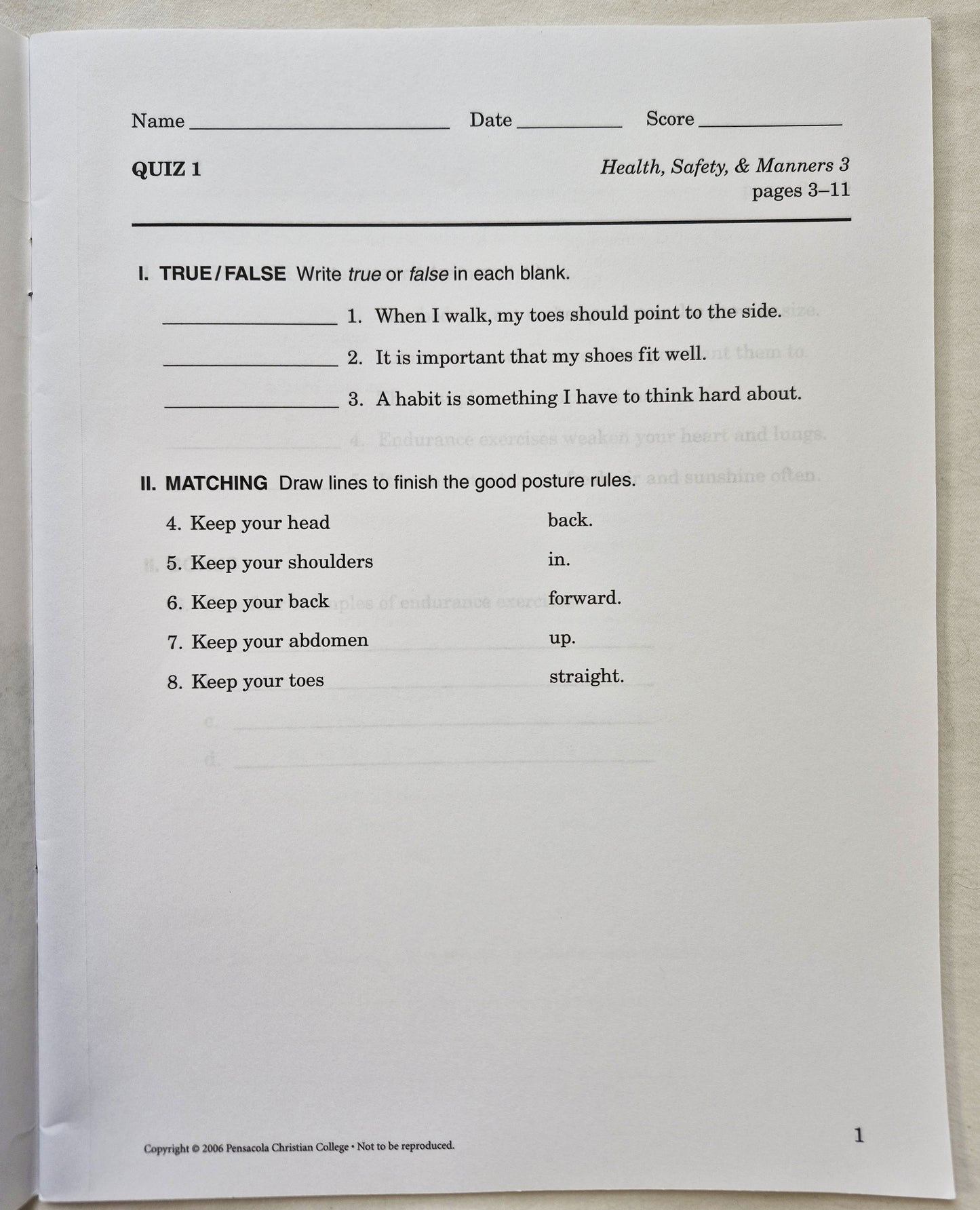 Abeka Health Safety & Manners 3rd Edition Grade 3 Tests, Quizzes, and Worksheets (Wie neu, 2006, Taschenbuch, 43 Seiten, A Beka Book)