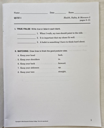 Abeka Health Safety & Manners 3rd Edition Grade 3 Tests, Quizzes, and Worksheets (Wie neu, 2006, Taschenbuch, 43 Seiten, A Beka Book)
